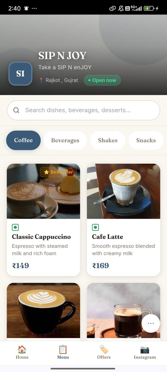 A live Swaagat Digital Menu — SIP N JOY café menu, running on a guest's phone